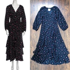 FIGUE • Frederica Dress black silk maxi wrap ruffle balloon sleeve tie waist